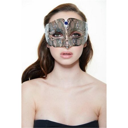 PERFECTPRETEND Silver with Blue Rhinestones Luxury Roman Guard Filigree Laser Cut Metal Mask One Size PE372251